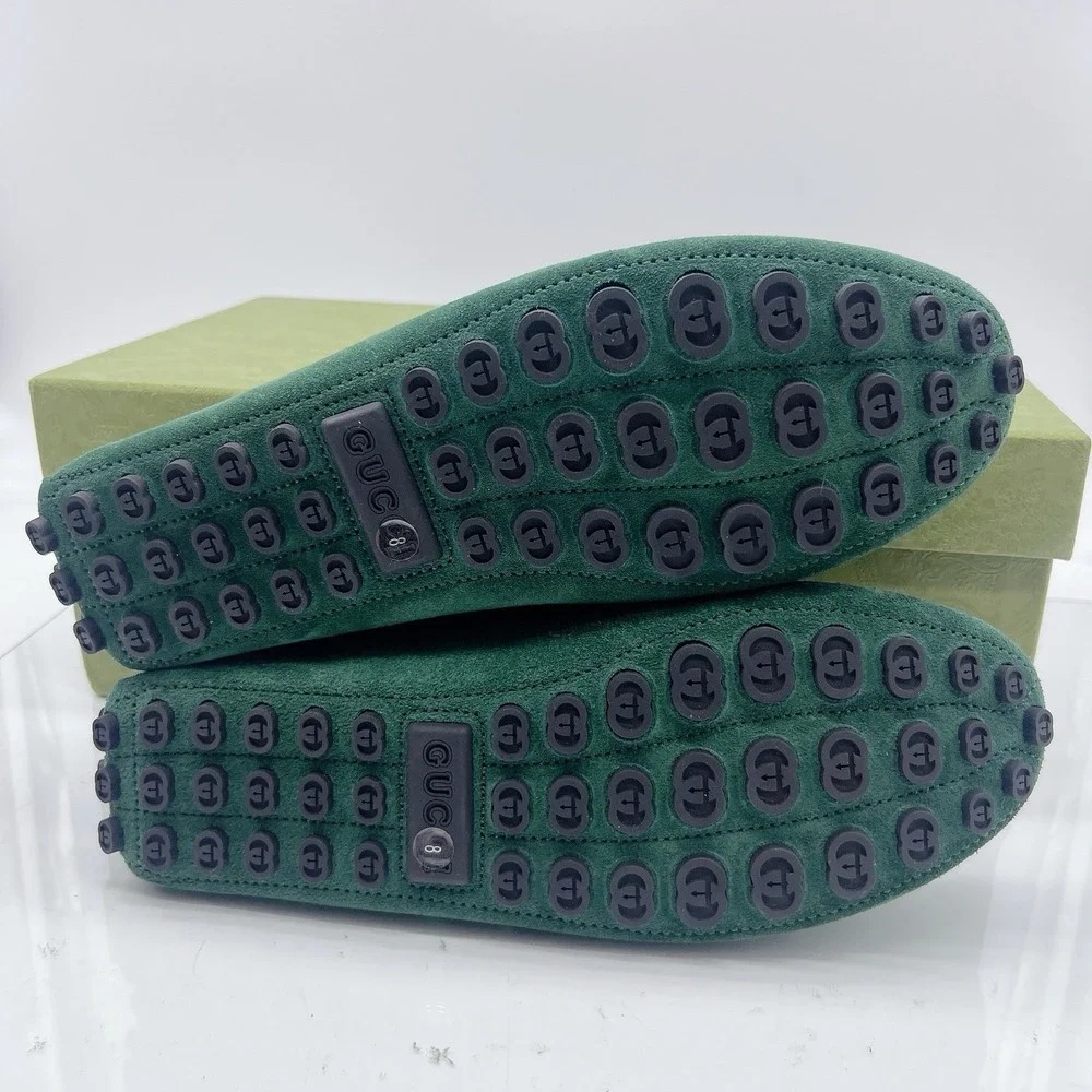 Gucci Men's Driver Loafers Moccasin GG Horsebit Vintage Green Suede UK 8 US 8.5